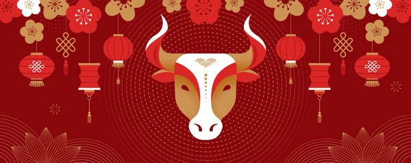 Ano novo chinês 2021 ano do boi, símbolo do zodíaco chinês, texto chinês diz "Feliz ano novo chinês 2021, ano do boi" — Vetor de Stock