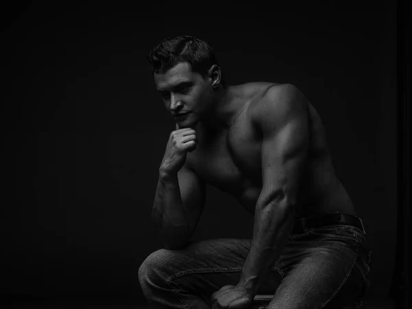 Portrait Young Caucasian Male Athlete Naked Torso Black White — Stock Photo, Image
