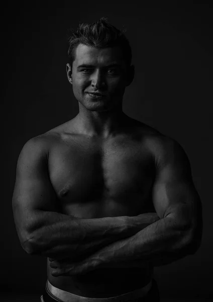 Portrait Young Caucasian Male Athlete Naked Torso Black White — Stock Photo, Image