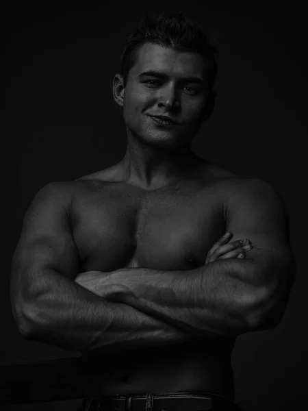 Portrait Young Caucasian Male Athlete Naked Torso Black White — Stock Photo, Image