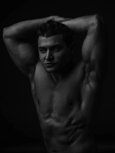 Portrait Young Caucasian Male Athlete Naked Torso Black White — Stock Photo, Image