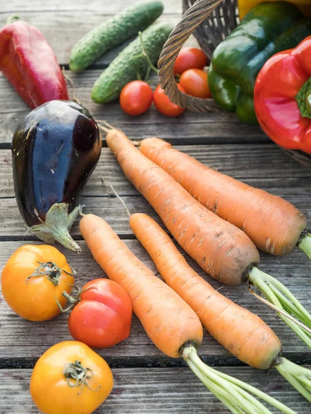 Freshly Picked Organic Home Grown Vegetables Wooden Background — Stock Photo, Image
