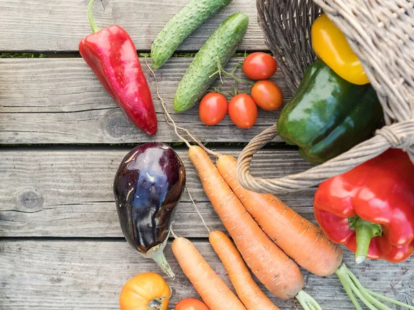 Świeżo Zebrane Organiczne Warzywa Drewnianym Tle — Zdjęcie stockowe