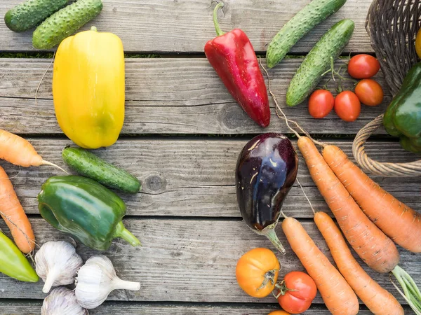 Verduras Orgánicas Cultivadas Casa Recién Recogidas Sobre Fondo Madera —  Fotos de Stock