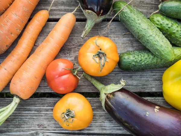 Vers Geplukte Biologische Huisgemaakte Groenten Een Houten Ondergrond — Stockfoto