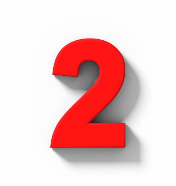 Sayı 2 beyaz gölge - orthogonal projeksiyon - 3d render ile izole 3d kırmızı