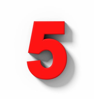 Sayı 5 beyaz gölge - orthogonal projeksiyon - 3d render ile izole 3d kırmızı