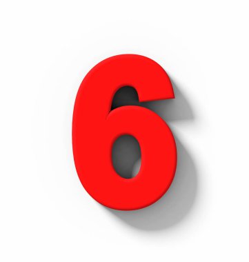sayı 6 beyaz gölge - orthogonal projeksiyon - 3d render ile izole 3d kırmızı