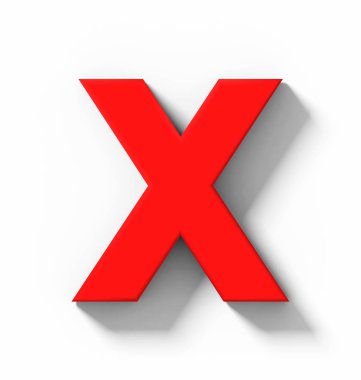 mektup X 3d kırmızı beyaz gölge - orthogonal projeksiyon - 3d render ile izole