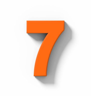 Numara 7 beyaz gölge - orthogonal projeksiyon - 3d render ile izole 3d turuncu