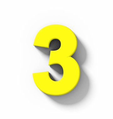 Sayı 3 beyaz gölge - orthogonal projeksiyon - 3d render ile izole 3d sarı
