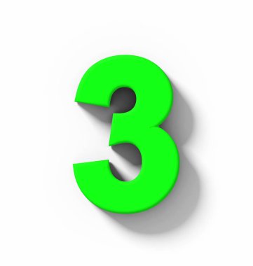 Sayı 3 beyaz gölge - orthogonal projeksiyon - 3d render ile izole 3d yeşil