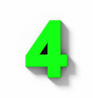 Sayı 4 beyaz gölge - orthogonal projeksiyon - 3d render ile izole 3d yeşil