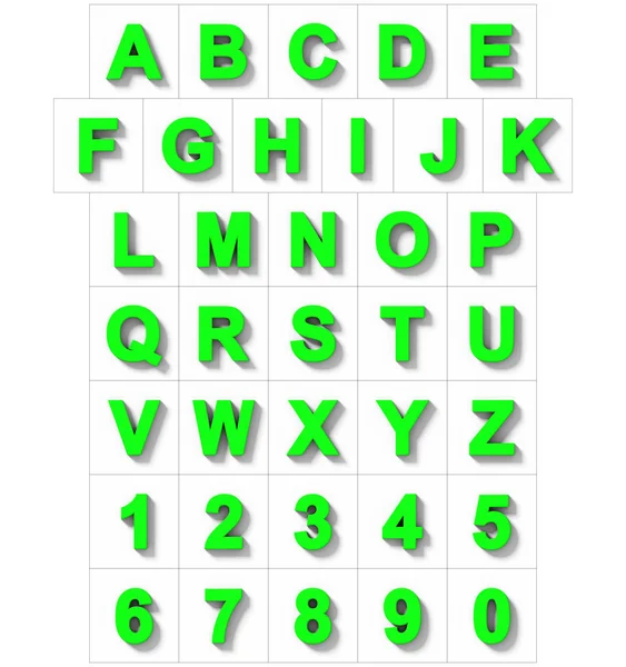 Letras Números Verde Isolado Branco Com Sombra Projeção Ortogonal Renderização — Fotografia de Stock