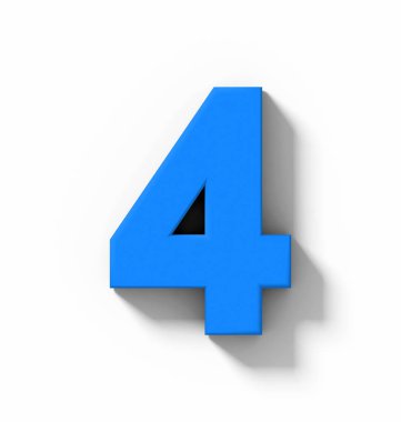 Sayı 4 beyaz gölge - orthogonal projeksiyon - 3d render ile izole 3d mavi