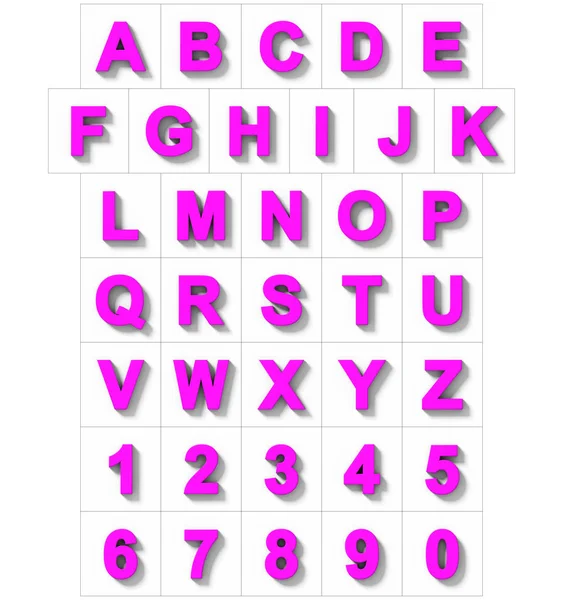 Letras Números Roxo Isolado Branco Com Sombra Projeção Ortogonal Renderização — Fotografia de Stock