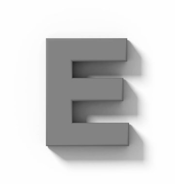 E harfinin 3d orta gri beyaz gölge - orthogonal projeksiyon - 3d render ile izole