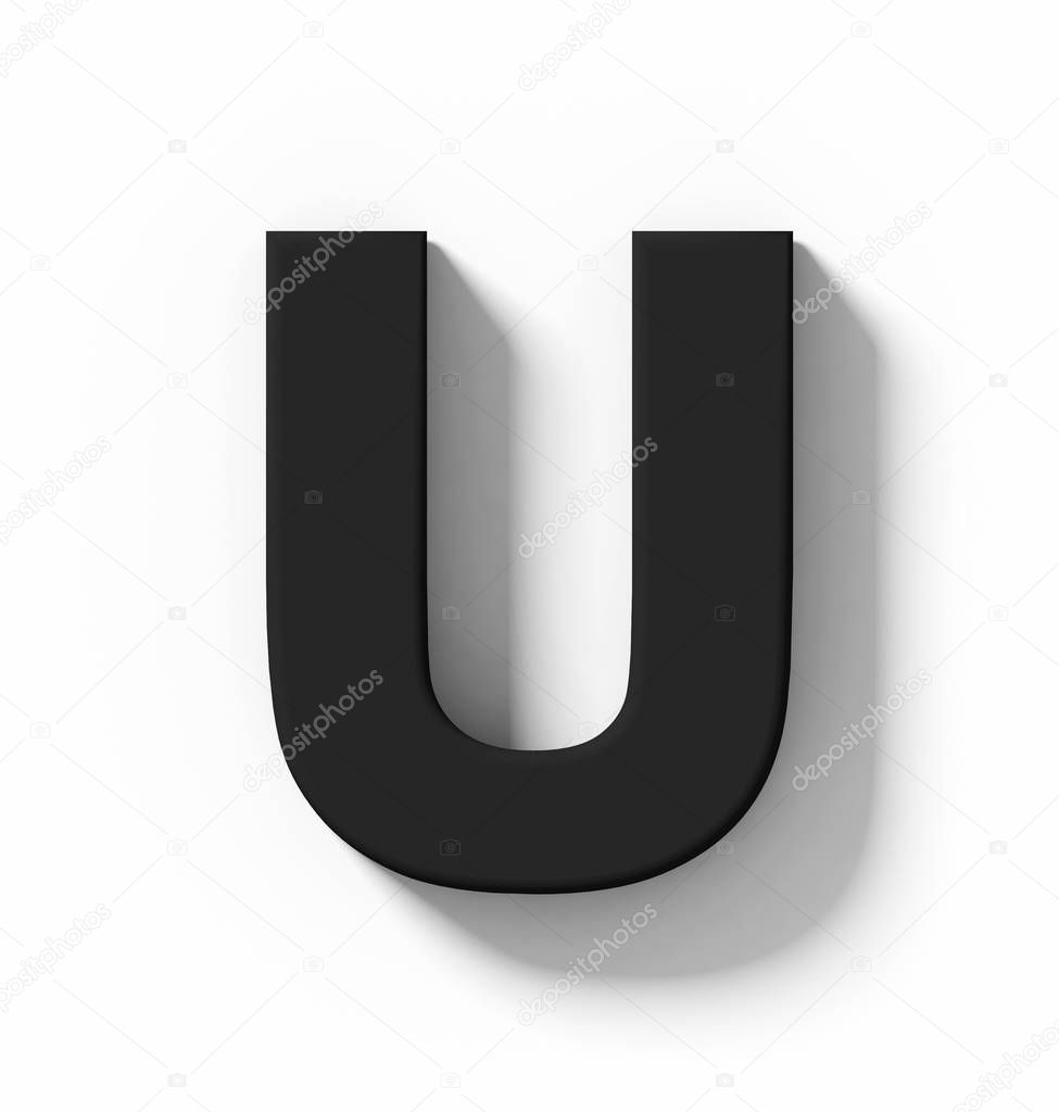 letter U 3D black isolated on white with shadow - orthogonal projection - 3d rendering