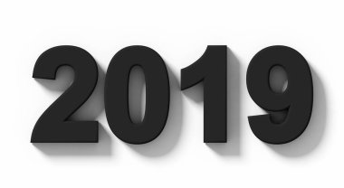 yıl 2019 gölge beyaz - orthogonal projeksiyon - 3d render izole siyah 3d rakamlarla