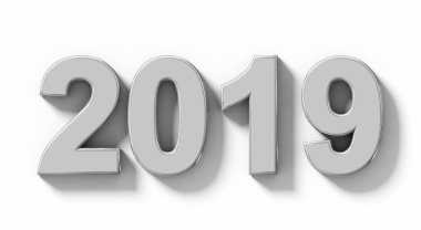 yıl 2019 beyaz - orthogonal projeksiyon - 3d render izole gölge ile 3d numaraları gümüş
