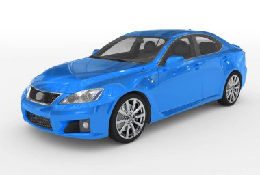 araba beyaz - izole mavi boya, şeffaf cam - sol ön yan görünüm - 3d render