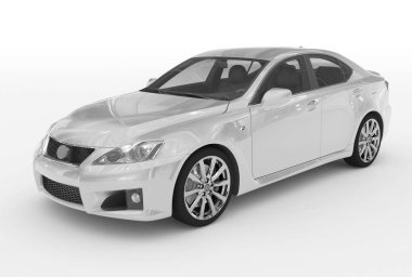 beyaz - izole araba beyaz boya, şeffaf cam - sol ön yan görünüm - 3d render