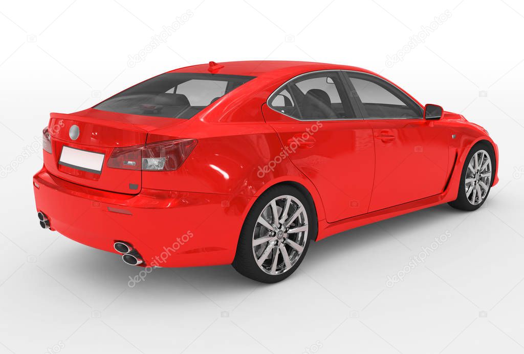 car isolated on white - red paint, transparent glass - back-right side view - 3d rendering