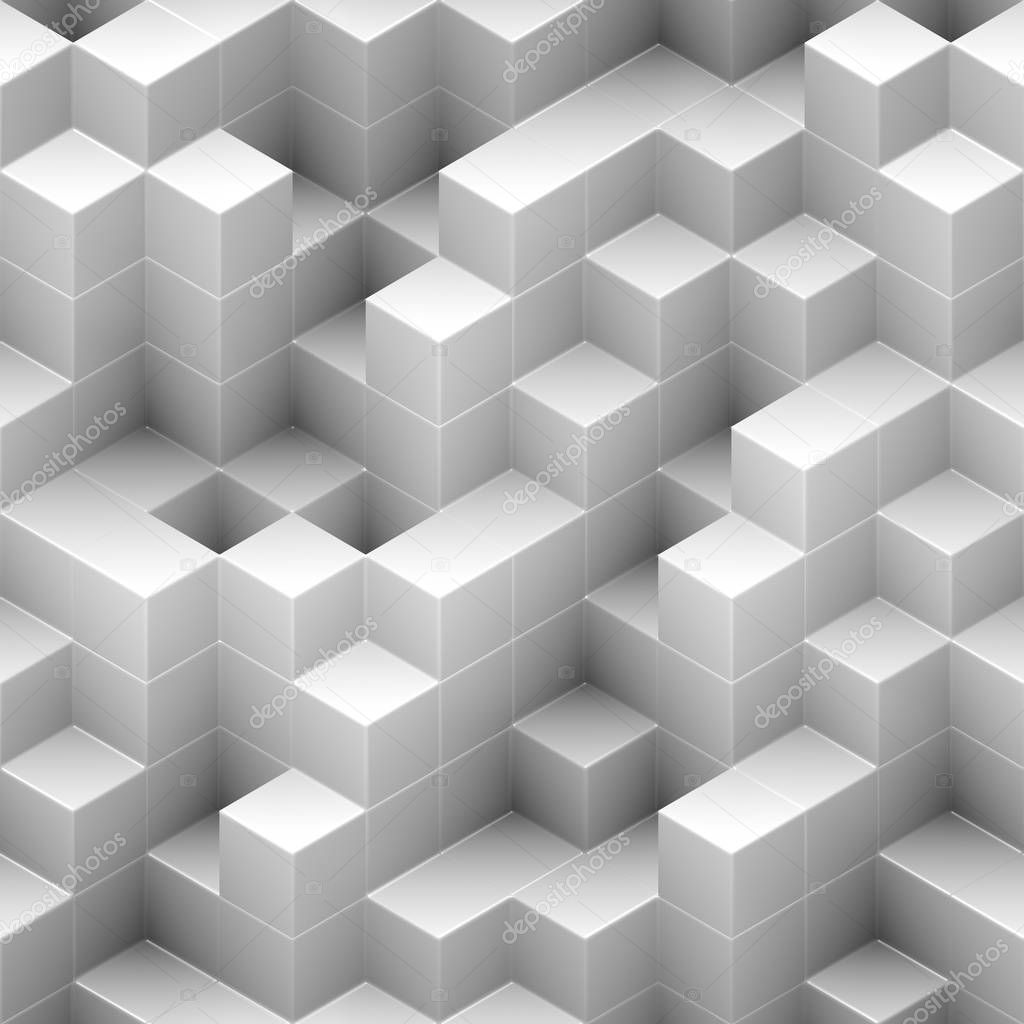 Cubes seamless background - white, randomly stacked structure - 3d rendering
