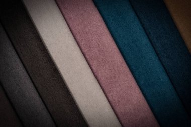 Döşemelik kumaş çeşitli renk örnekleri. Arka plan, boş şablon.