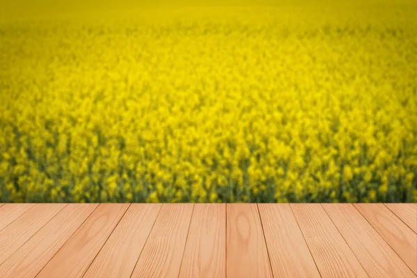 Tablones Madera Vacíos Con Fondo Borroso Floreciendo Flores Violación Amarillas —  Fotos de Stock