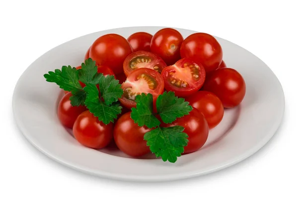 Frische Tomaten Auf Dem Teller Isoliert Auf Weißem Hintergrund Selektiver — Stockfoto