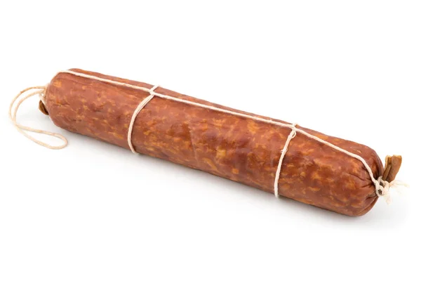 Gerookte Salami Worst Stuk Geïsoleerd Een Witte Achtergrond Selectieve Aandacht — Stockfoto