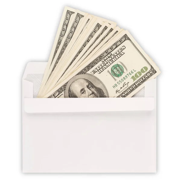 100美元钞票在一个信封被隔绝在白色背景 顶部视图 — 图库照片