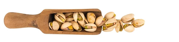 Roasted Pistachio Nuts Wooden Scoop Isolated White Background Top View — Stock Photo, Image