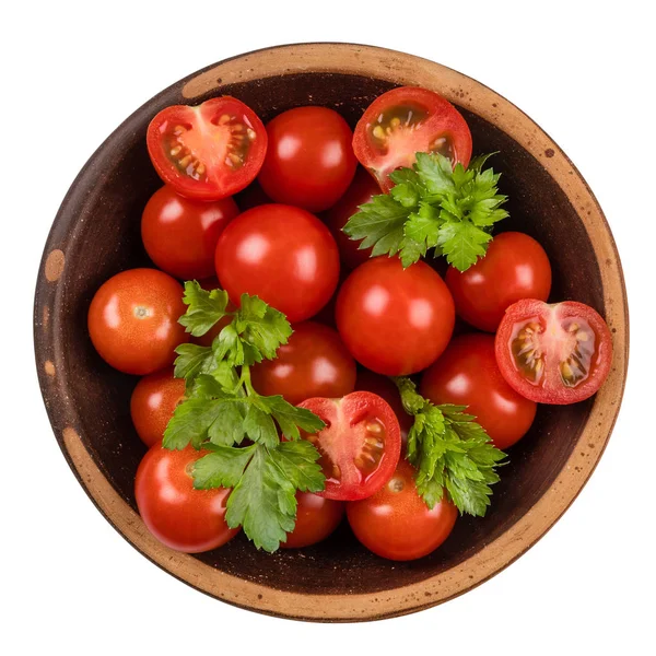 Świeże Pomidory Talerzu Białym Tle Białym Tle Widok Góry — Zdjęcie stockowe