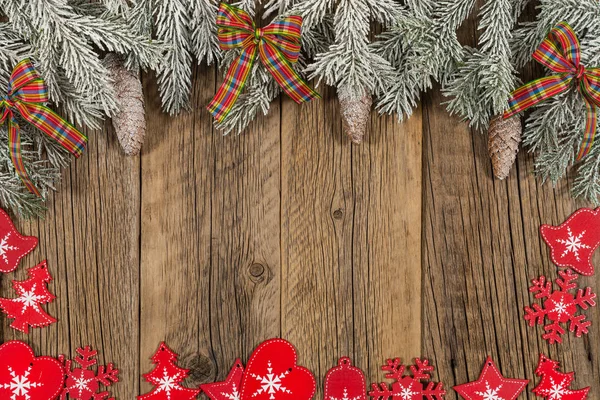 Branch Spruce Gift Old Wooden Table Top View — Stock Photo, Image