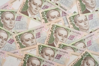 Bir close-up bir desen birçok Ukrayna para birimi banknotlar zekâ