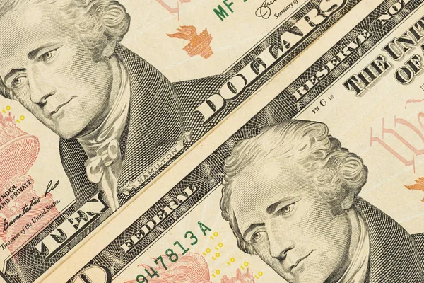 Alexander Hamilton face on US ten or 10 dollars bill macro — Stock Photo, Image