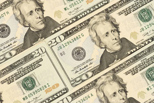 Background of twenty dollar bills. — Stock Photo, Image