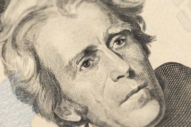 Closeup Amerikan parası 20 dolarlık banknot. Andrew Jackson portre, bize 20 dolarlık banknot parçası makro.