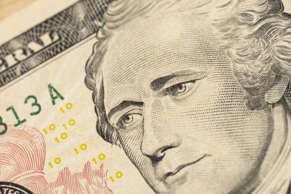 Alexander Hamilton cara en EE.UU. diez o 10 dólares factura macro, Estados unidos dinero de primer plano —  Fotos de Stock