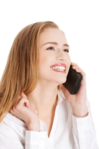 Atractiva Sensual Mujer Negocios Caucásica Está Hablando Por Teléfono Aislado — Foto de Stock