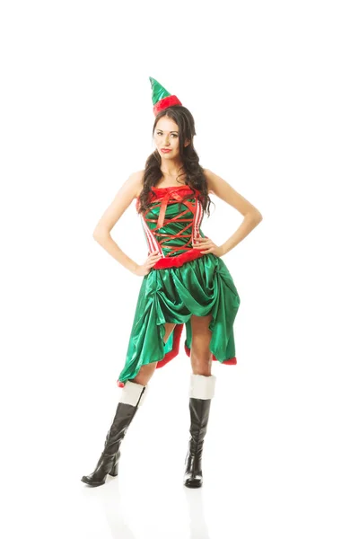 Pełna długość piękne kobiety ubraniach, elf, dotykając jej biodra — Zdjęcie stockowe
