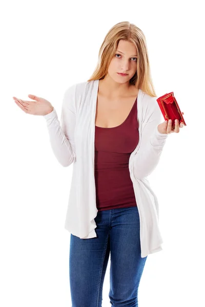 Young woman shows her empty wallet. Bankruptcy — Stock Photo, Image