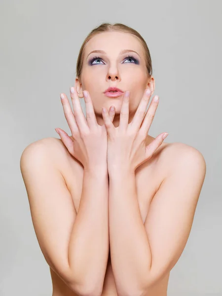 Attractive blonde topless woman with dark eye make up — Stock Photo, Image