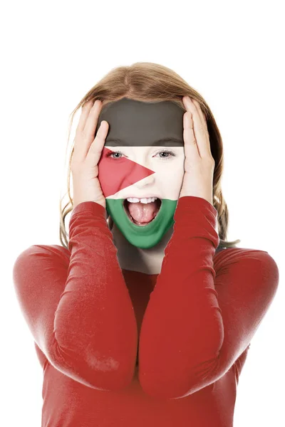 Mujer con bandera de Palestina en la cara . — Foto de Stock