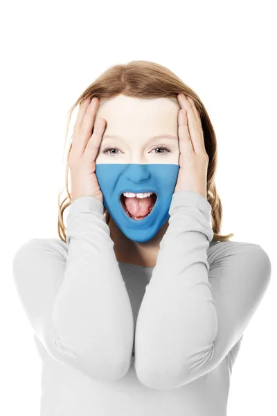 Mujer con bandera de San Marino en la cara . — Foto de Stock