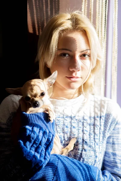 Νεαρή γυναίκα με το σκυλί κατοικίδιων ζώων — Φωτογραφία Αρχείου
