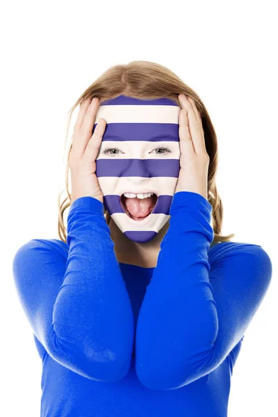 Kobieta z flaga Grecja na twarz. — Zdjęcie stockowe
