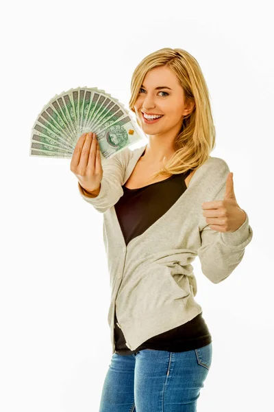 Vrouw met cash fan — Stockfoto